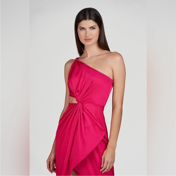 AMUR Deena‎ One Shoulder Midi Dress in Rosie Raspberry Hot Pink Satin Cut Out 4 - Picture 4 of 15
